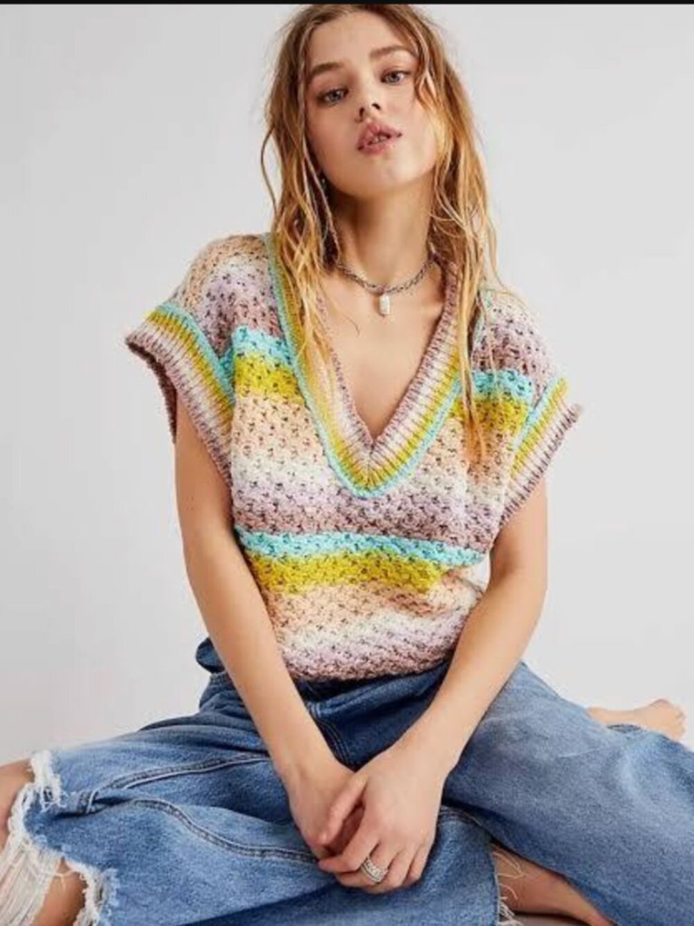 Free People Summer Daze Sweater Vest in the "Water Ice" Size Small